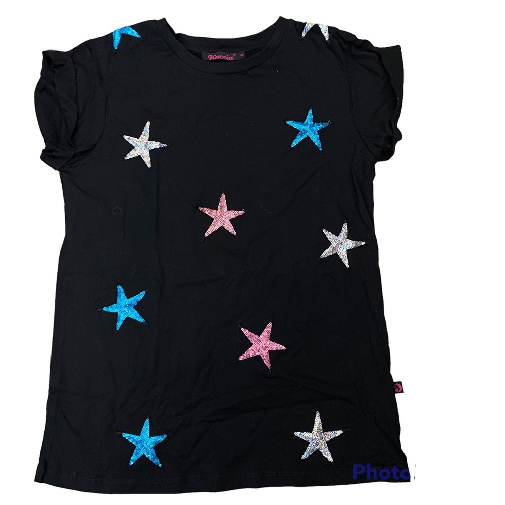 KUCCIA Black star embroidery print TEE shirt TOP t-shirt sequins kawaii t-shirt